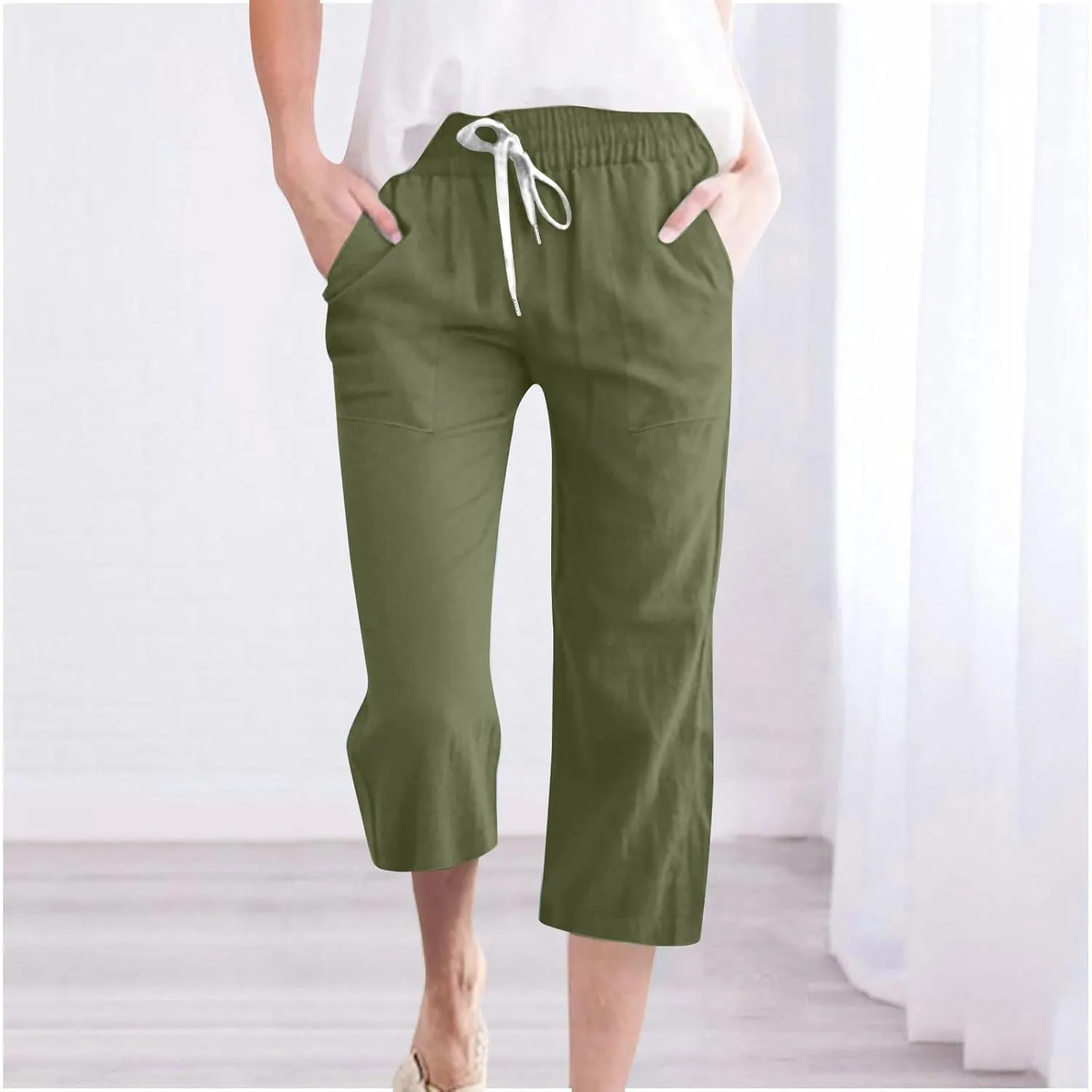 Linen Capri Pants for Women Summer Beach Straight Wide Leg Cropped Trouser Elastic Waist Drawstring Casual Pants