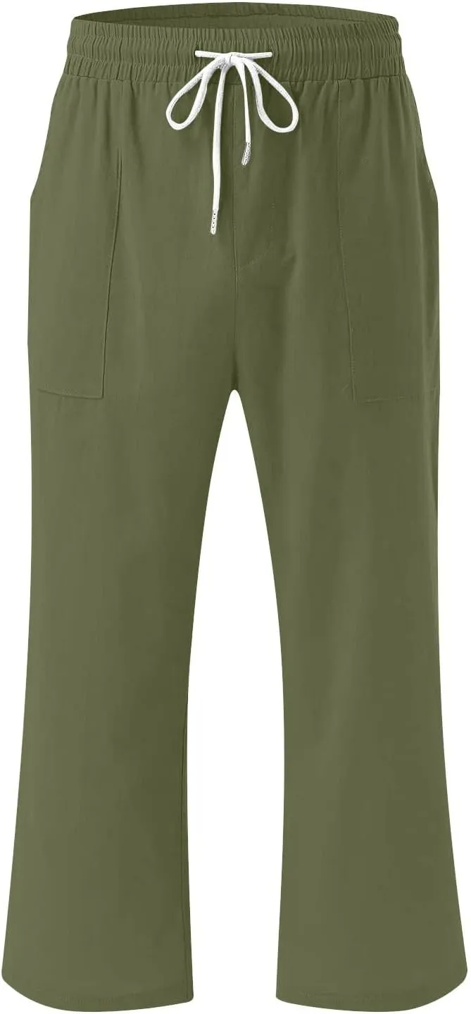 Linen Capri Pants for Women Summer Beach Straight Wide Leg Cropped Trouser Elastic Waist Drawstring Casual Pants