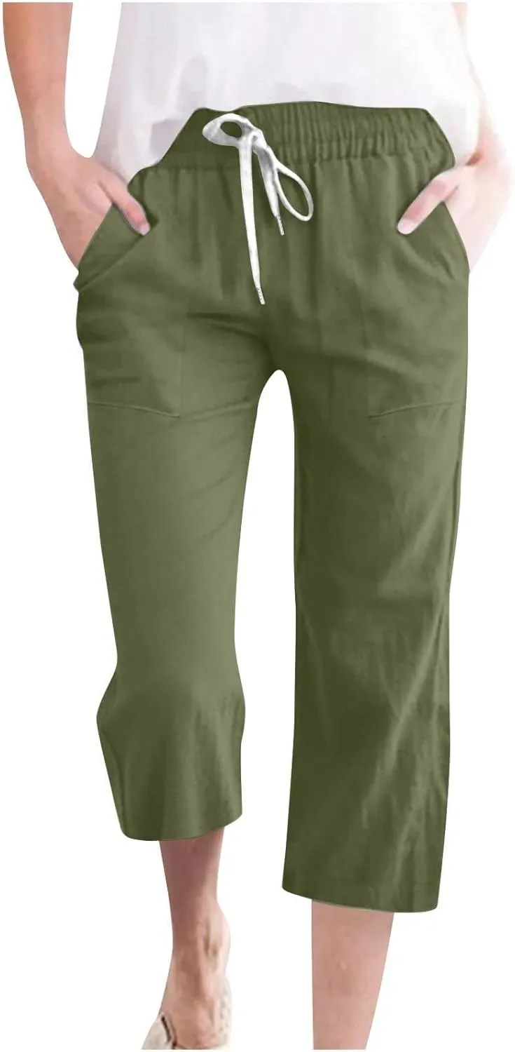 Linen Capri Pants for Women Summer Beach Straight Wide Leg Cropped Trouser Elastic Waist Drawstring Casual Pants