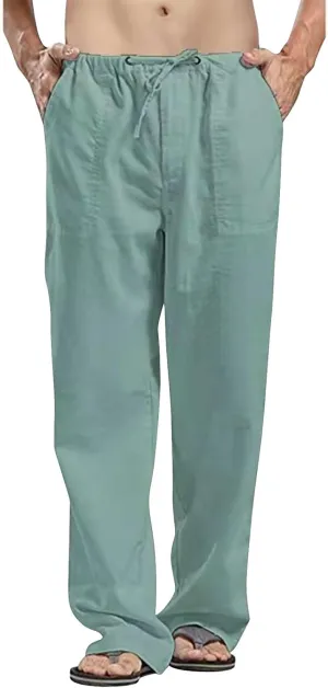 Linen Cargo Pants for Mens Solid Drawstring Workout Athletic Trousers with Pockets Hipster Cotton Casual Overalls Big & Tall