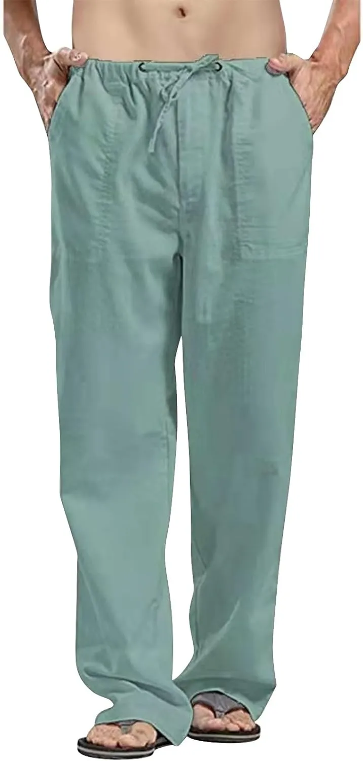 Linen Cargo Pants for Mens Solid Drawstring Workout Athletic Trousers with Pockets Hipster Cotton Casual Overalls Big & Tall