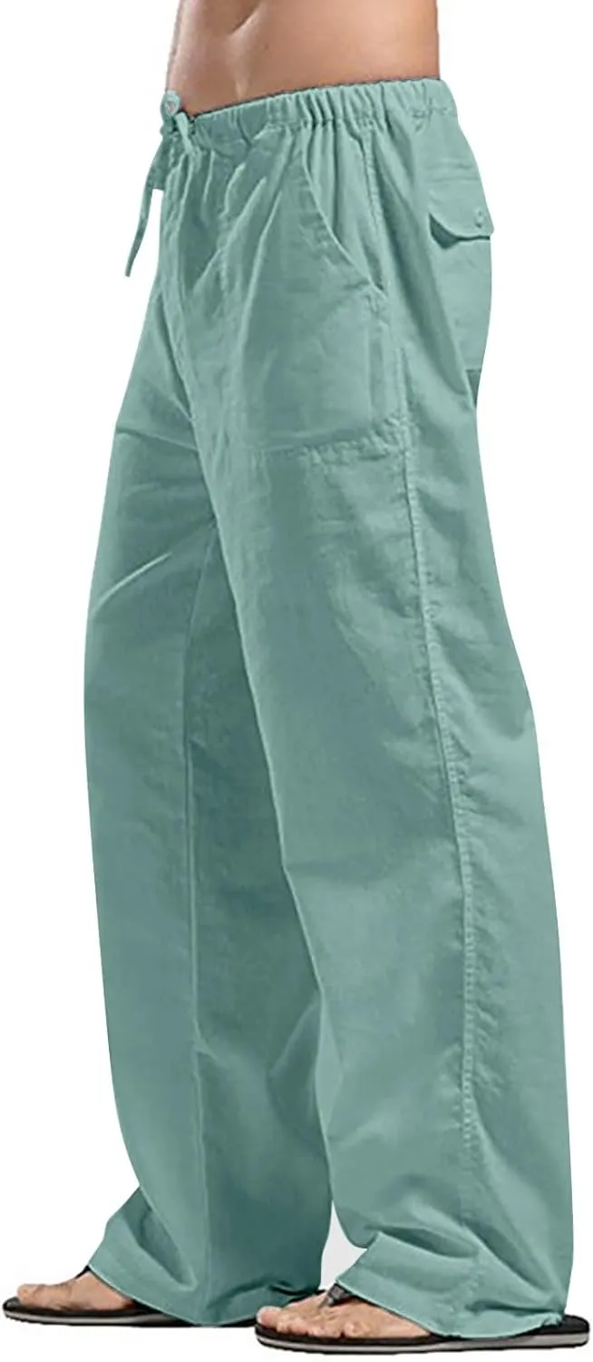 Linen Cargo Pants for Mens Solid Drawstring Workout Athletic Trousers with Pockets Hipster Cotton Casual Overalls Big & Tall