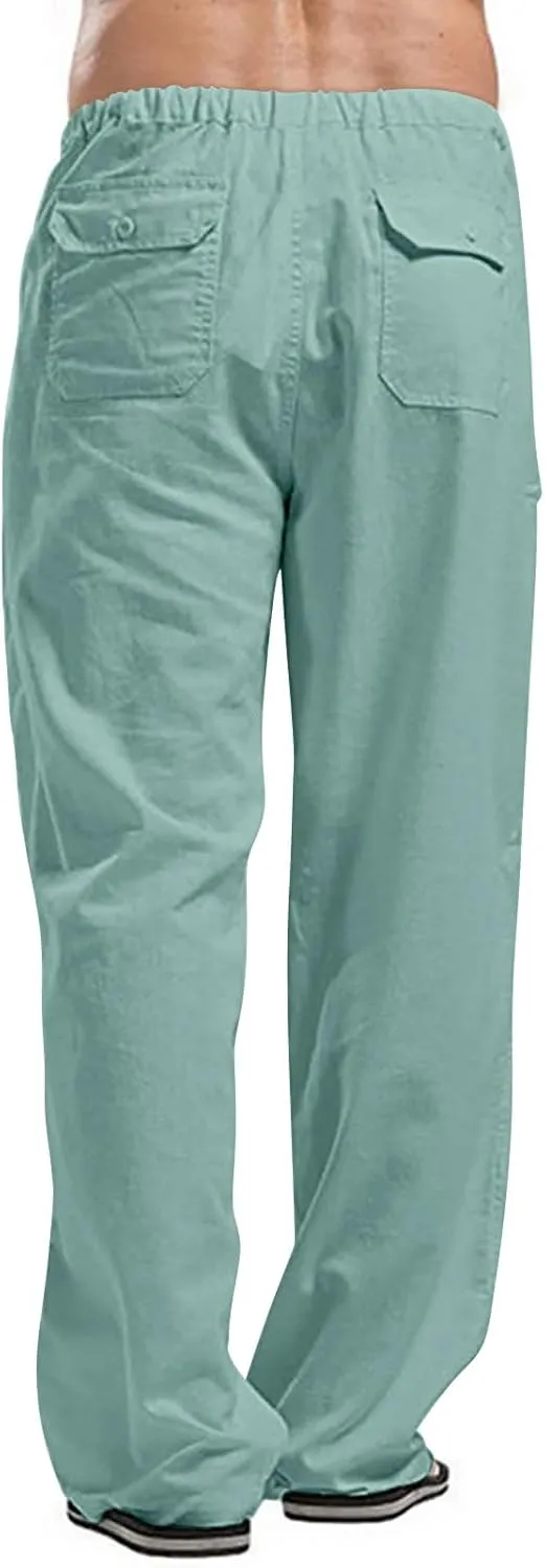Linen Cargo Pants for Mens Solid Drawstring Workout Athletic Trousers with Pockets Hipster Cotton Casual Overalls Big & Tall