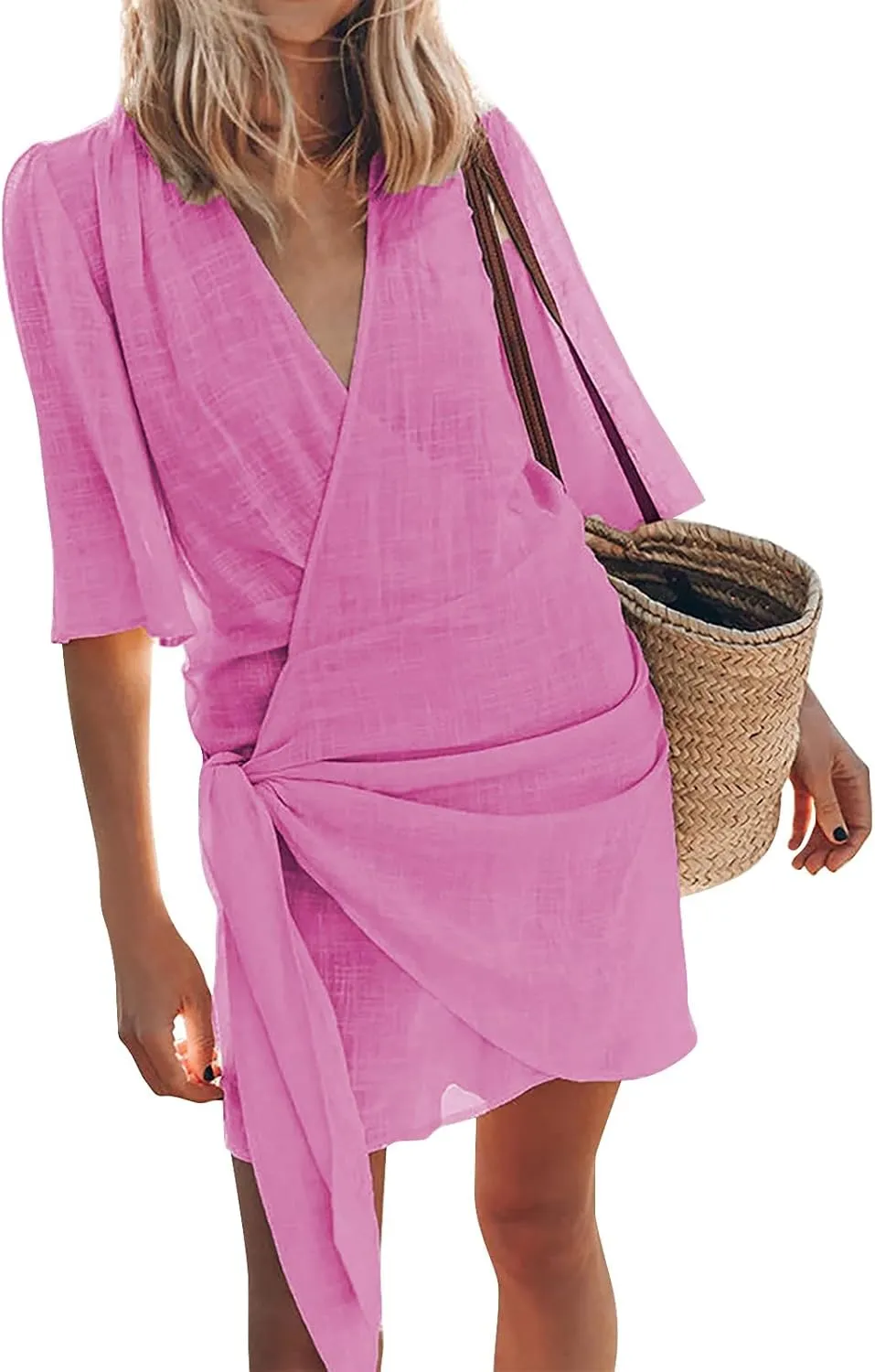 Linen Dresses for Women 2024 Summer Vacation Wrap Dress Loose Fit Tie Waist V Neck Casual Short Dresses