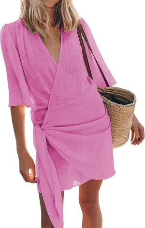 Linen Dresses for Women 2024 Summer Vacation Wrap Dress Loose Fit Tie Waist V Neck Casual Short Dresses