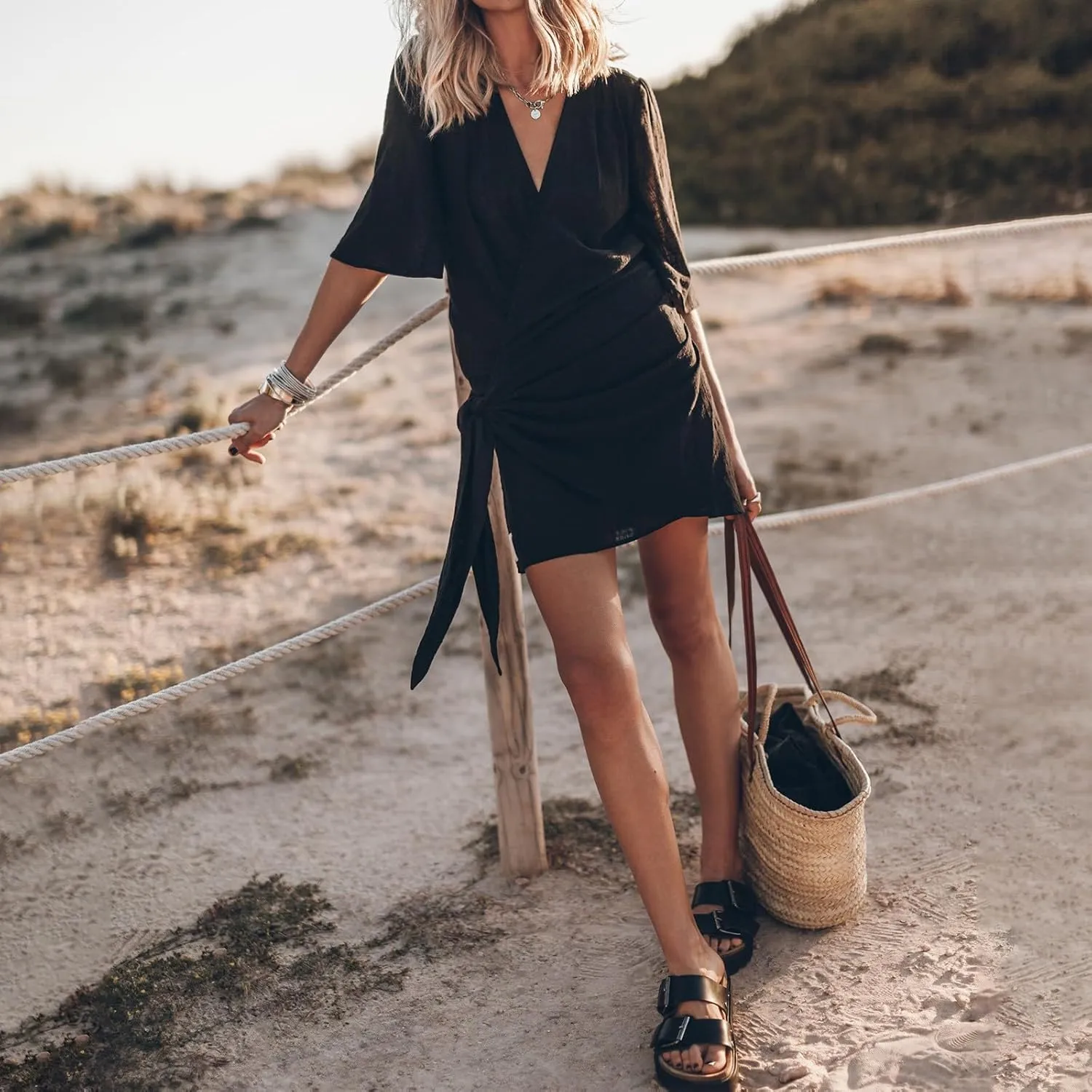 Linen Dresses for Women 2024 Summer Vacation Wrap Dress Loose Fit Tie Waist V Neck Casual Short Dresses