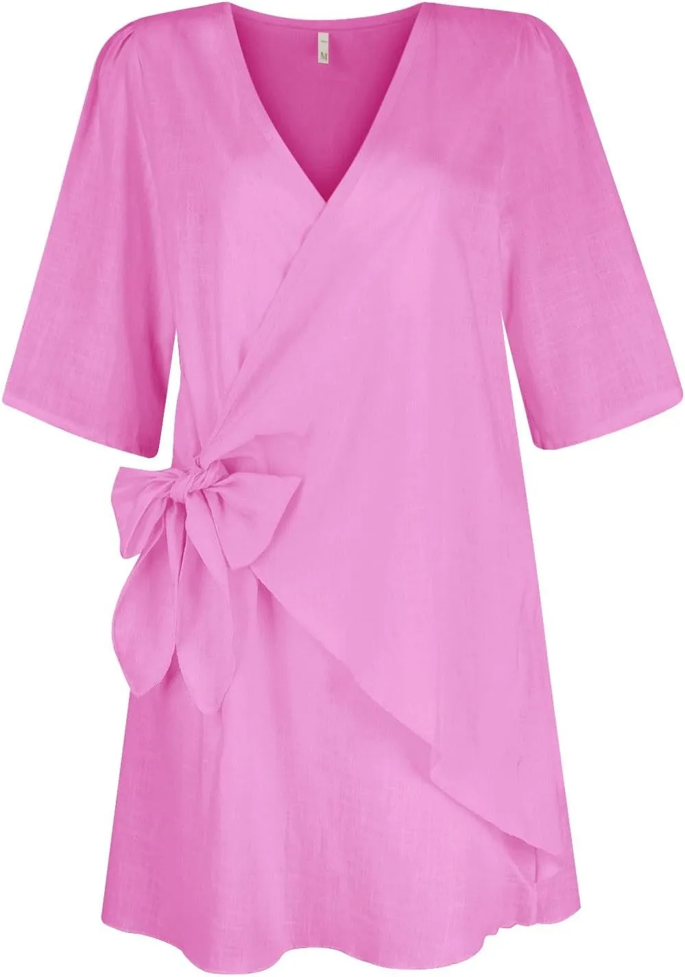 Linen Dresses for Women 2024 Summer Vacation Wrap Dress Loose Fit Tie Waist V Neck Casual Short Dresses