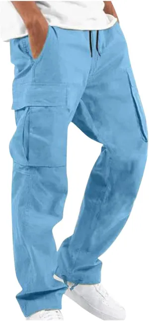 Linen Pants for Men Outdoor Fashion Multi Pockets Cotton Cargo Pants Classic Elastic Waist Solid Tactical Trouser