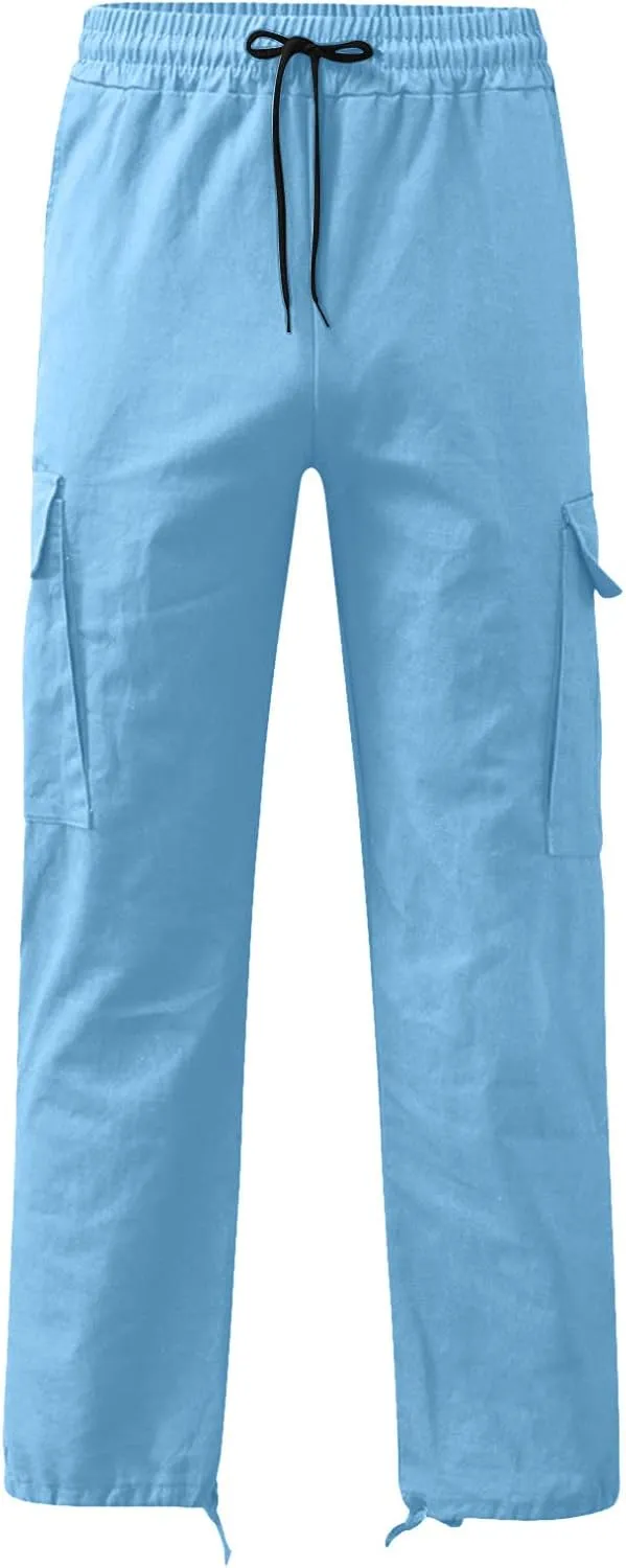 Linen Pants for Men Outdoor Fashion Multi Pockets Cotton Cargo Pants Classic Elastic Waist Solid Tactical Trouser