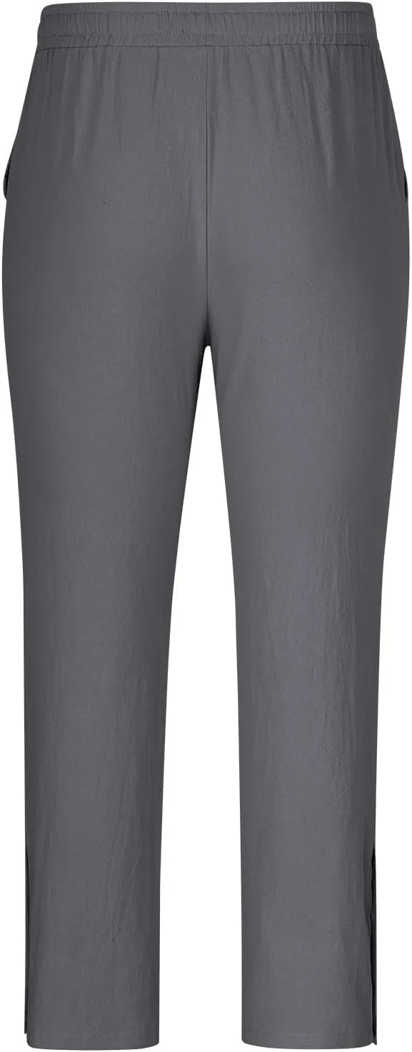 Linen Pants for Men Summer Big and Tall Beach Pants Drawstring Elastic Waist Trousers Loose Casual Tapered Pants