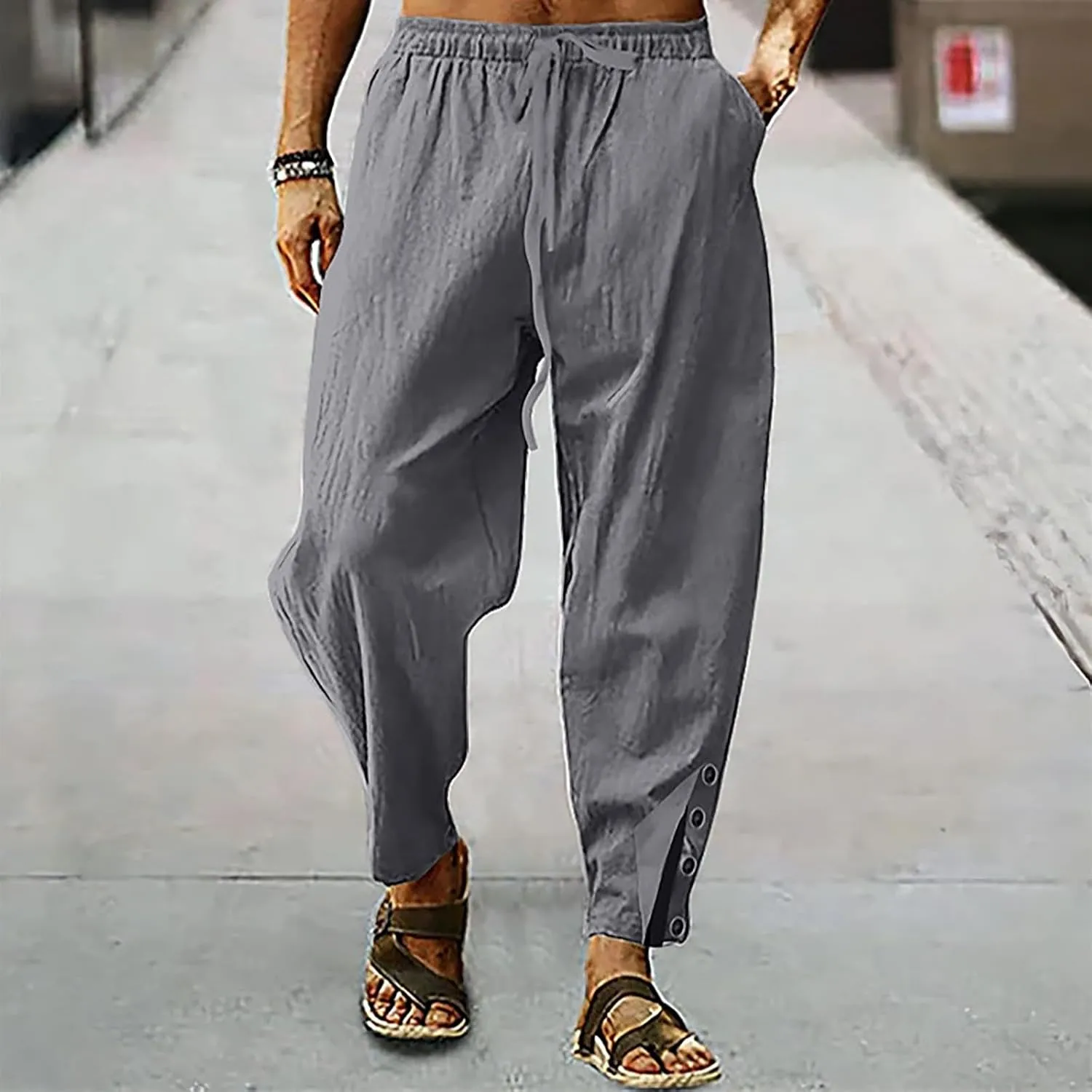 Linen Pants for Men Summer Big and Tall Beach Pants Drawstring Elastic Waist Trousers Loose Casual Tapered Pants