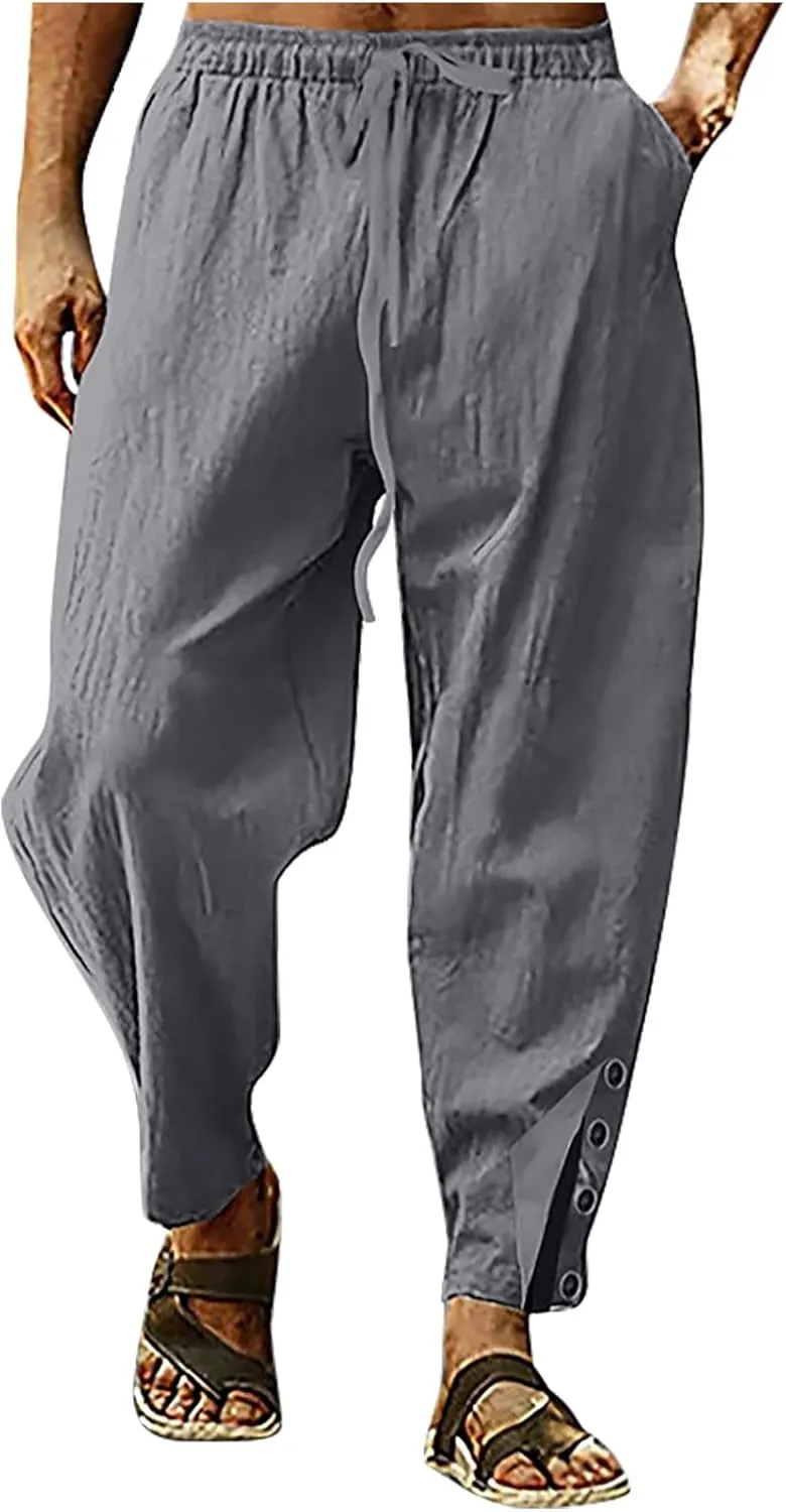 Linen Pants for Men Summer Big and Tall Beach Pants Drawstring Elastic Waist Trousers Loose Casual Tapered Pants