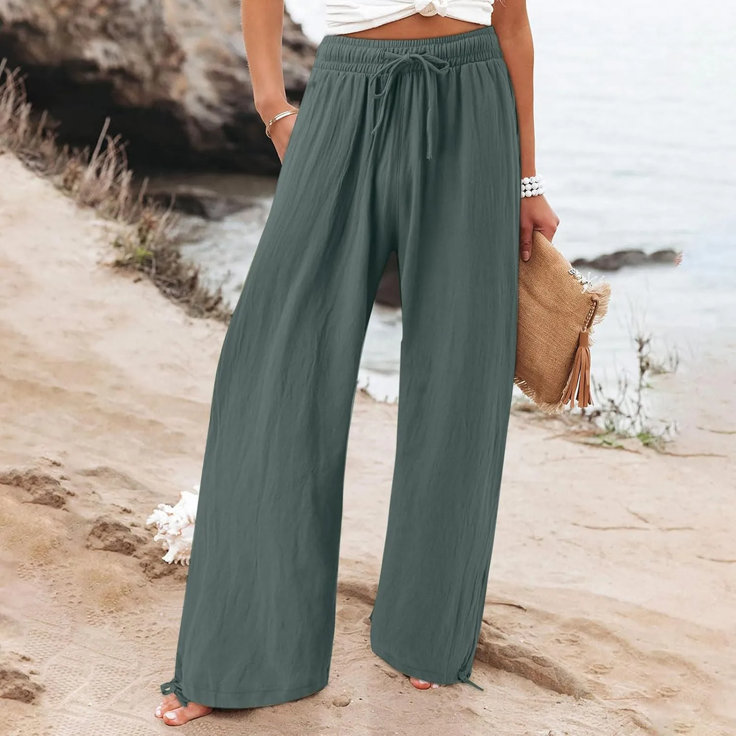 Linen Pants for Women Summer High Waisted Wide Leg Pants Casual Elastic Waist Palazzo Pants Beach Pants with Pockets