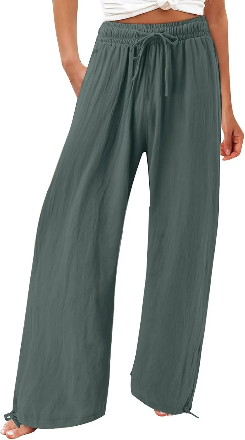 Linen Pants for Women Summer High Waisted Wide Leg Pants Casual Elastic Waist Palazzo Pants Beach Pants with Pockets