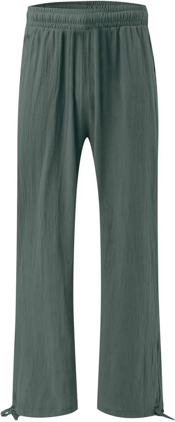 Linen Pants for Women Summer High Waisted Wide Leg Pants Casual Elastic Waist Palazzo Pants Beach Pants with Pockets