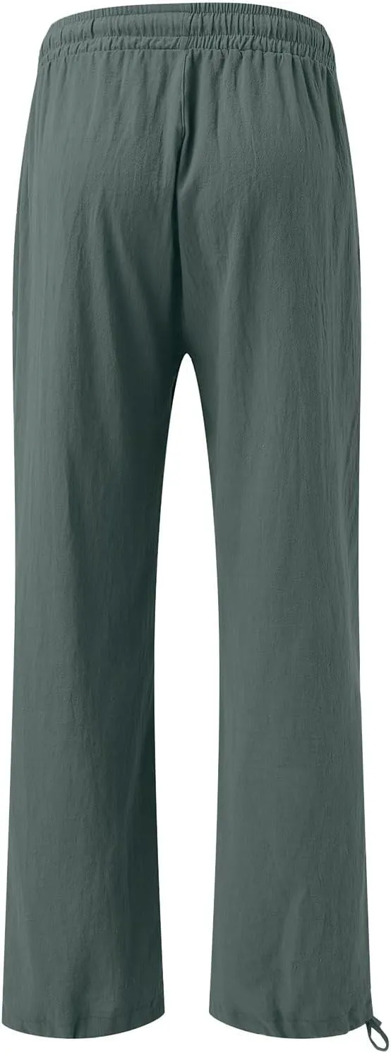 Linen Pants for Women Summer High Waisted Wide Leg Pants Casual Elastic Waist Palazzo Pants Beach Pants with Pockets