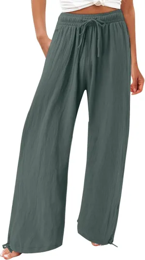 Linen Pants for Women Summer High Waisted Wide Leg Pants Casual Elastic Waist Palazzo Pants Beach Pants with Pockets