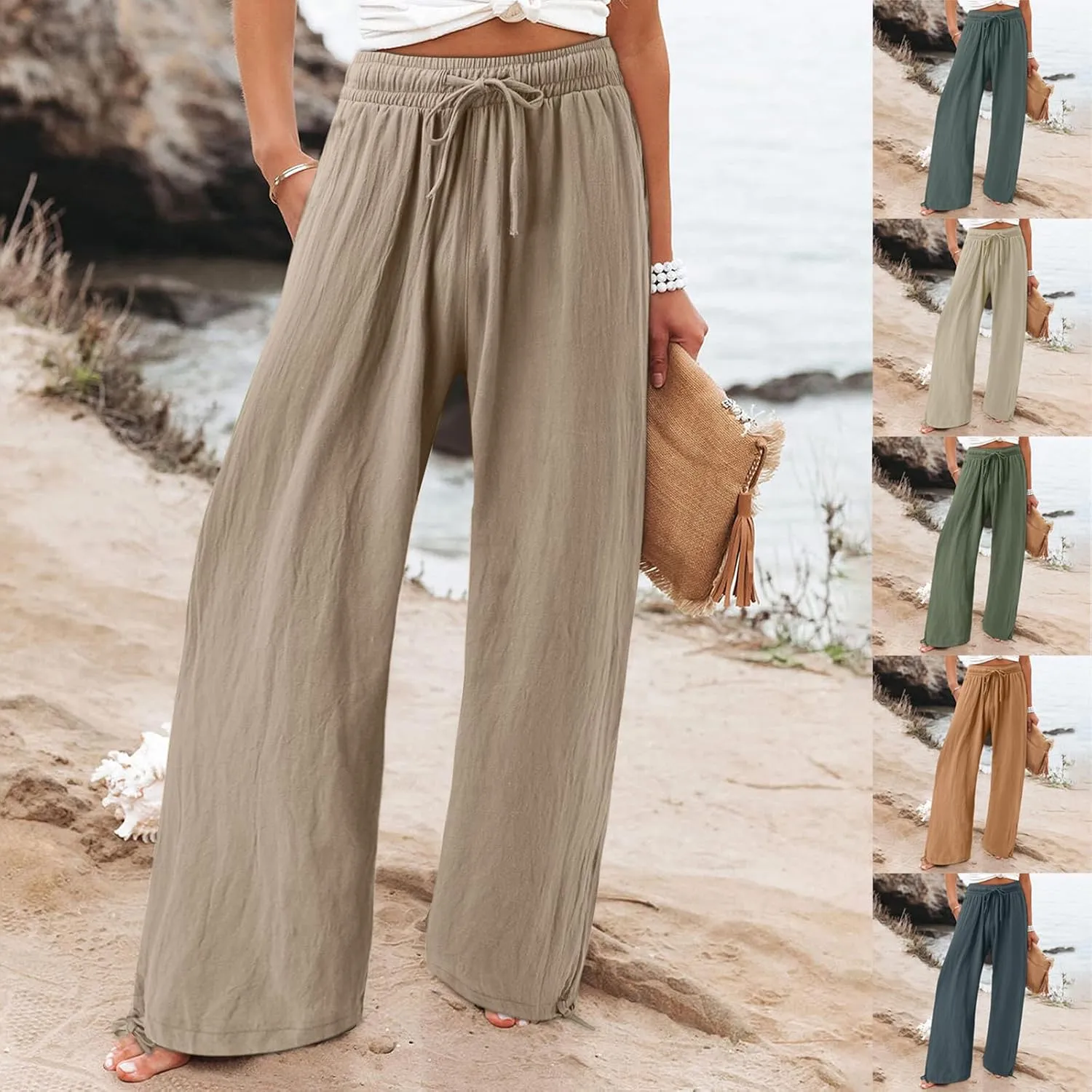 Linen Pants for Women Summer High Waisted Wide Leg Pants Casual Elastic Waist Palazzo Pants Beach Pants with Pockets