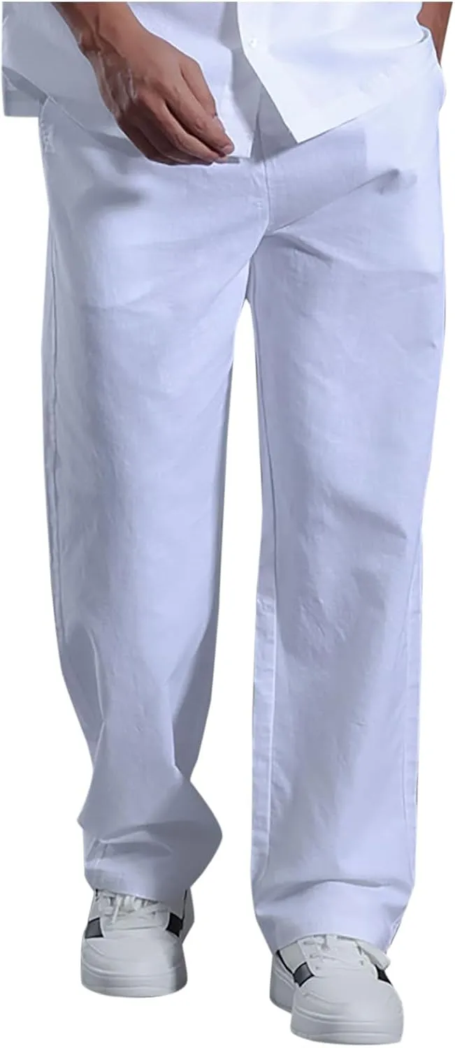 Linen Pants Men Dress Slim Fit Work Pants Casual Straight Leg Trousers Summer Lightweight Breathable Lounge Pants
