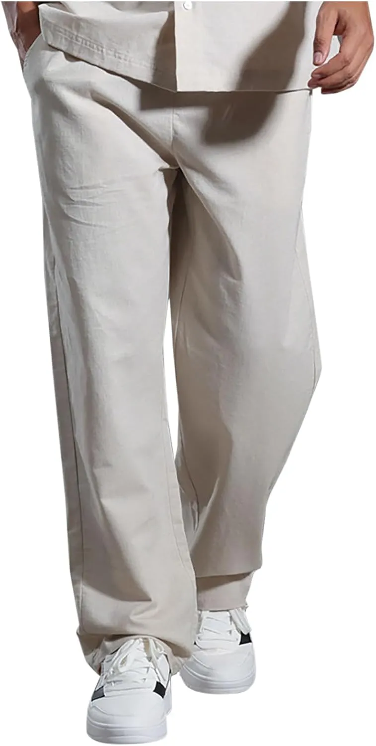 Linen Pants Men Dress Slim Fit Work Pants Casual Straight Leg Trousers Summer Lightweight Breathable Lounge Pants