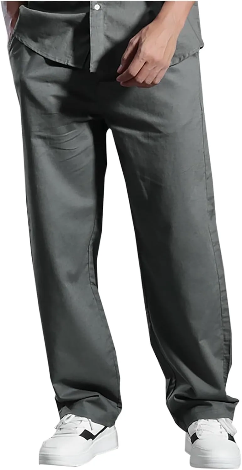 Linen Pants Men Dress Slim Fit Work Pants Casual Straight Leg Trousers Summer Lightweight Breathable Lounge Pants