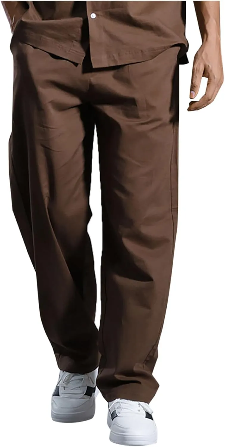 Linen Pants Men Dress Slim Fit Work Pants Casual Straight Leg Trousers Summer Lightweight Breathable Lounge Pants