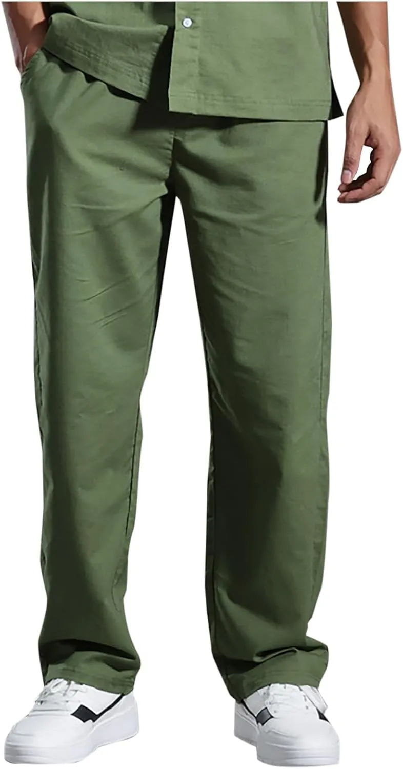 Linen Pants Men Dress Slim Fit Work Pants Casual Straight Leg Trousers Summer Lightweight Breathable Lounge Pants
