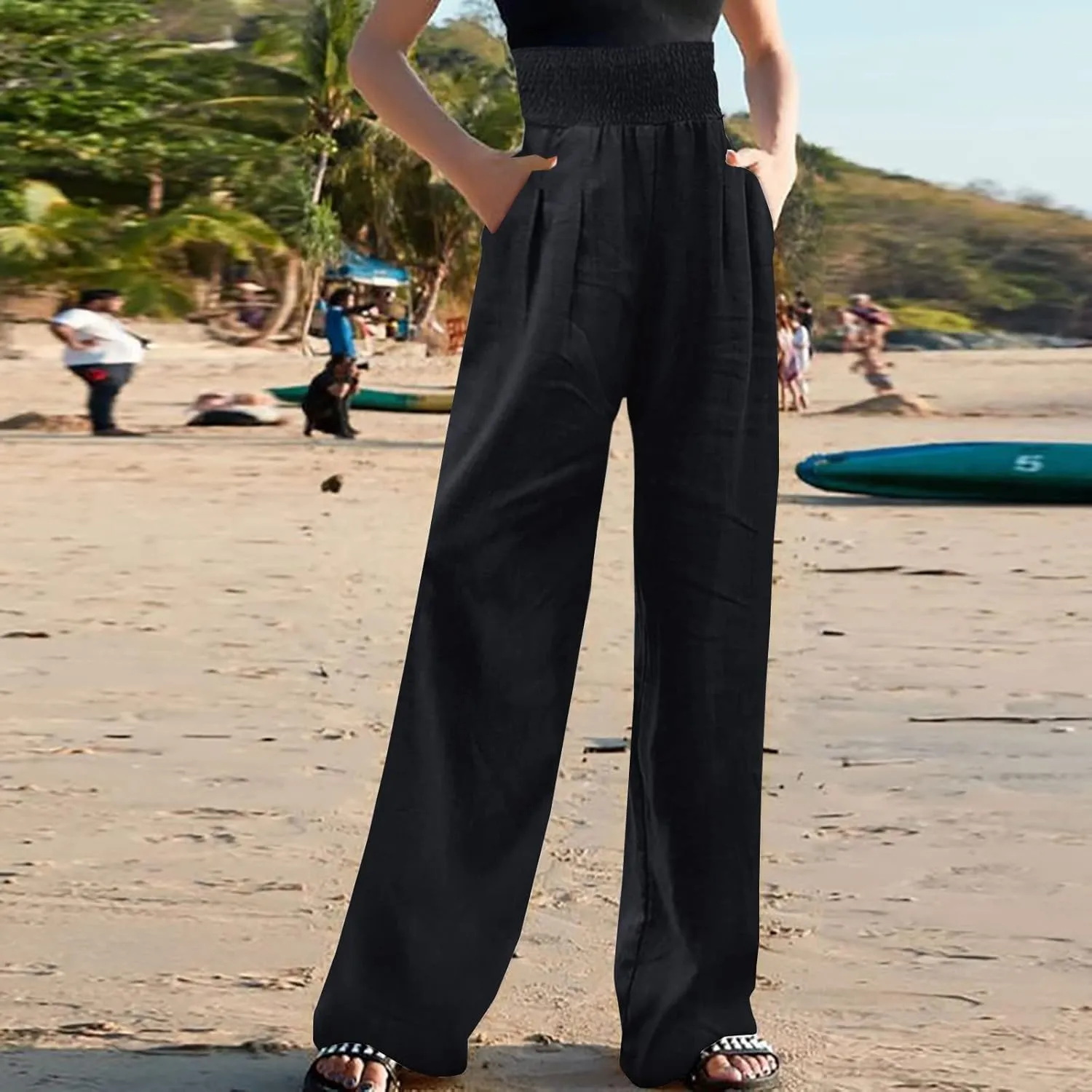 Linen Pants Women High Waist Wide Leg Pants Beach Vacation Boho Pants Casual Vintage Linen Pants Trousers with Pockets