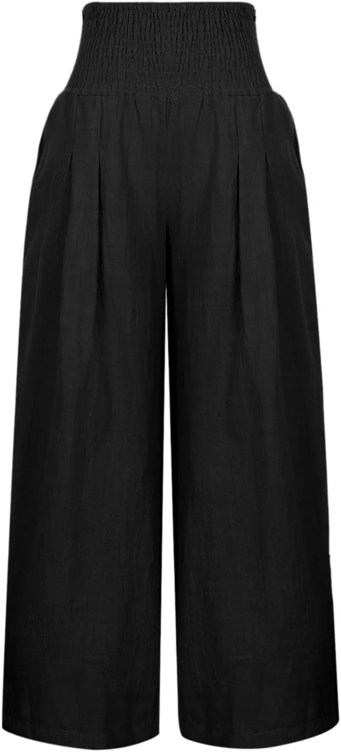 Linen Pants Women High Waist Wide Leg Pants Beach Vacation Boho Pants Casual Vintage Linen Pants Trousers with Pockets