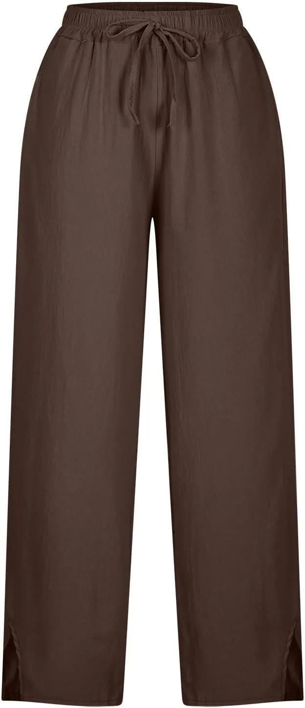 Linen Pants Women High Waisted Elastic Drawstring Beach Pants Casual Loose Lightweight Wide Leg Trousers with Pockets