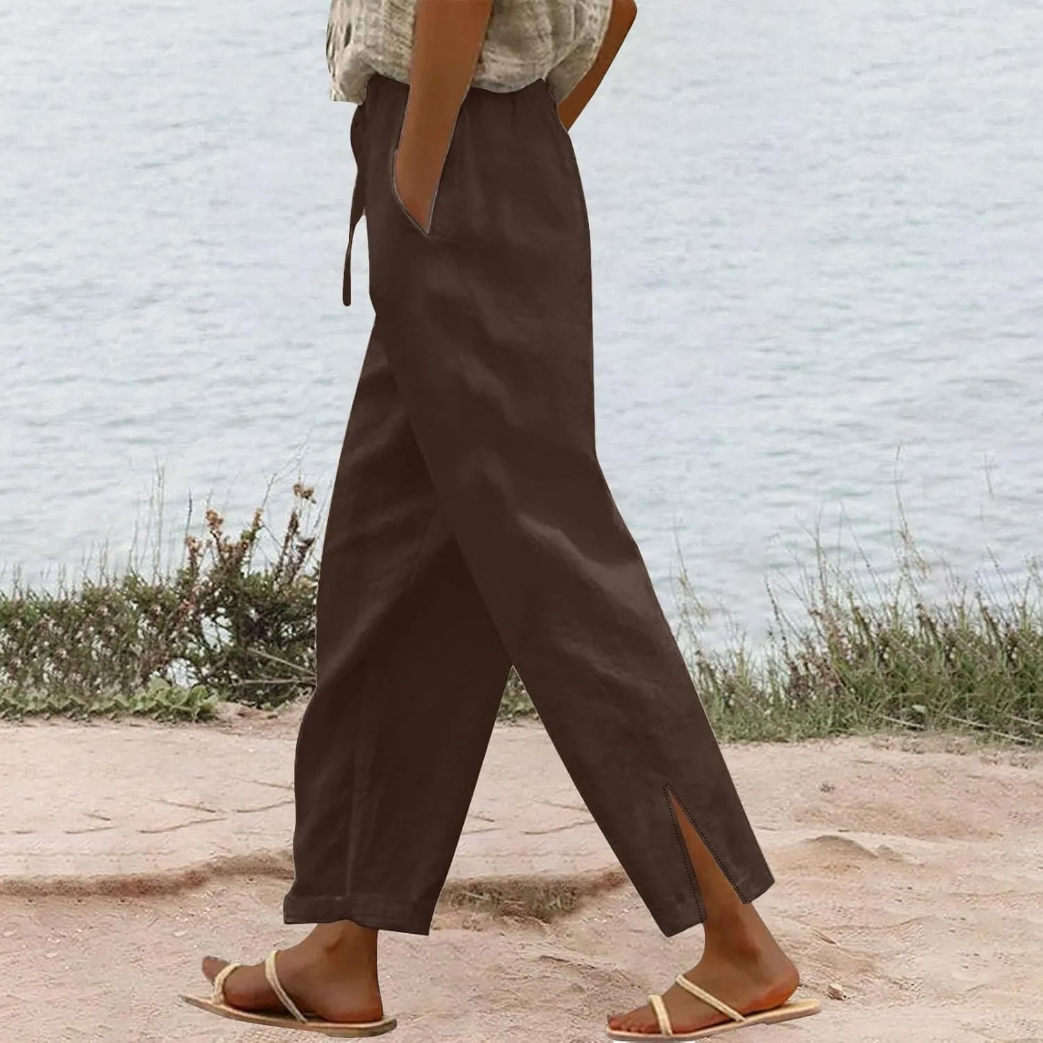 Linen Pants Women High Waisted Elastic Drawstring Beach Pants Casual Loose Lightweight Wide Leg Trousers with Pockets
