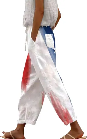 Linen Pants Women Petite Short Sleeve Independence Day American Flag Print Family Print Pants Pants for Women 2024