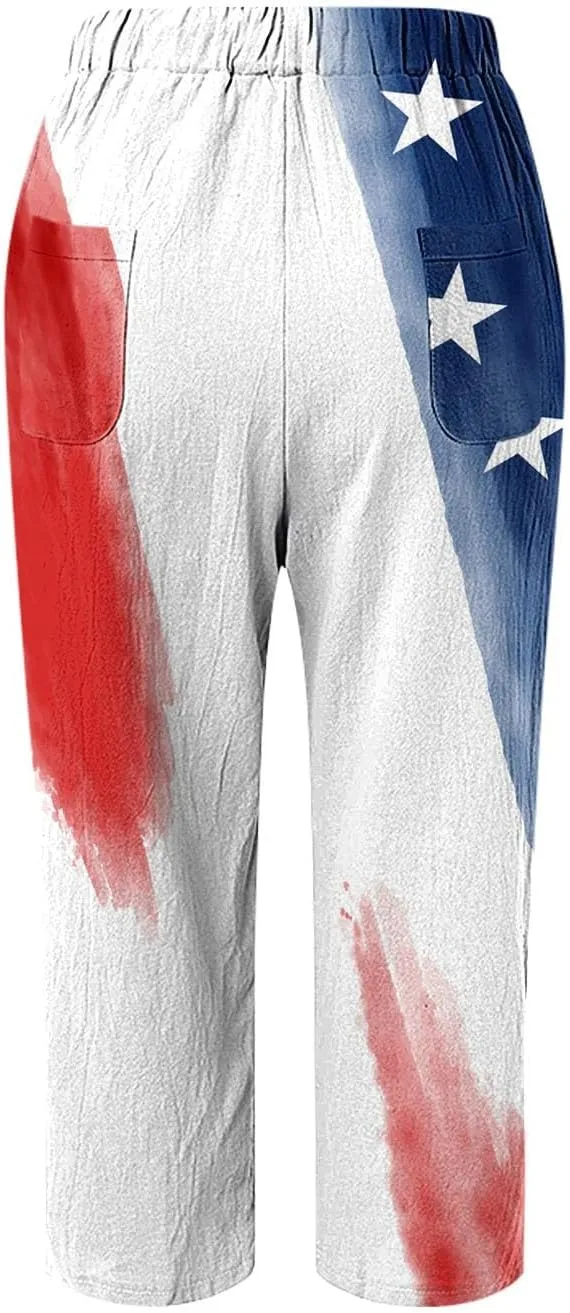 Linen Pants Women Petite Short Sleeve Independence Day American Flag Print Family Print Pants Pants for Women 2024