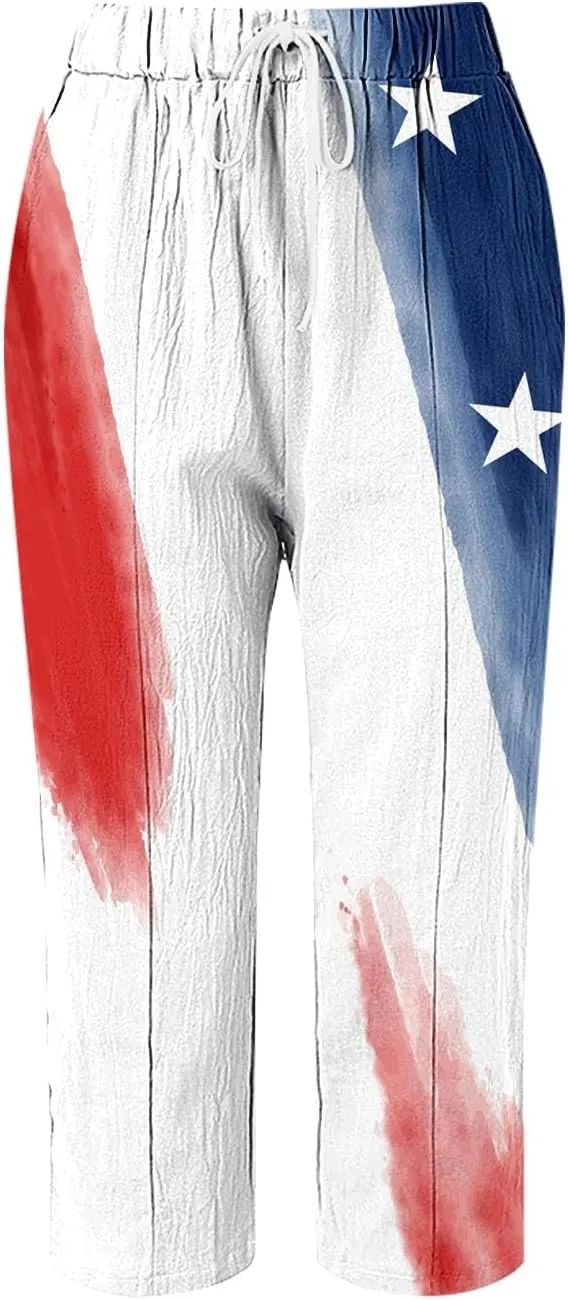 Linen Pants Women Petite Short Sleeve Independence Day American Flag Print Family Print Pants Pants for Women 2024