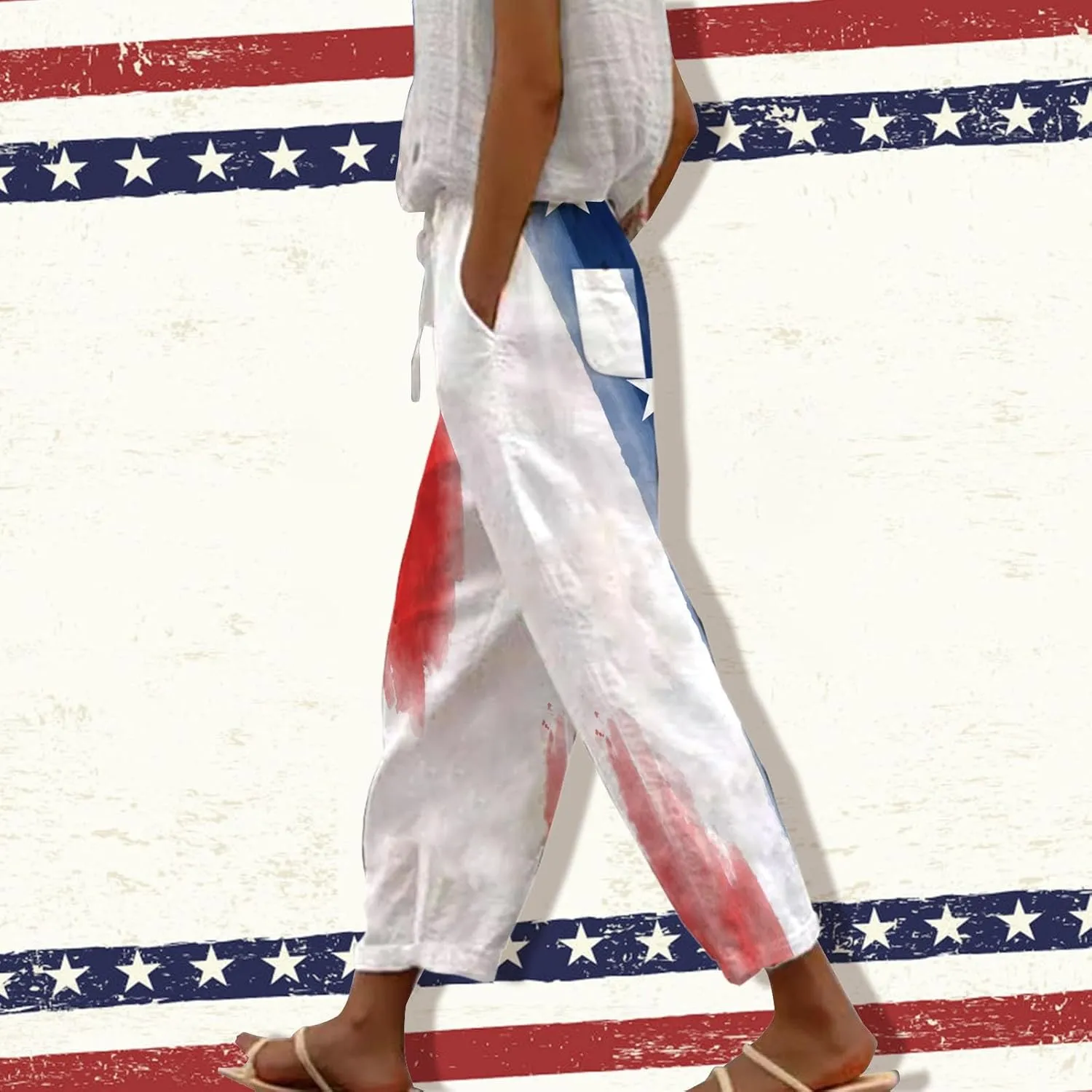 Linen Pants Women Petite Short Sleeve Independence Day American Flag Print Family Print Pants Pants for Women 2024