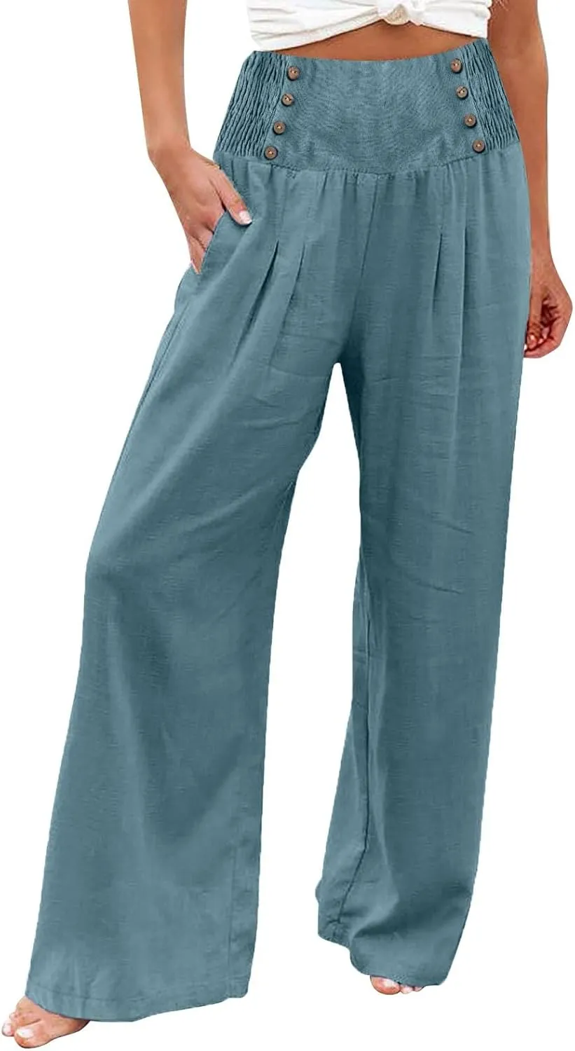 Linen Pants Women Plus Size Tapered Casual Wide Leg Pants for Women Elastic High Waist Drawstring Side Split Pants