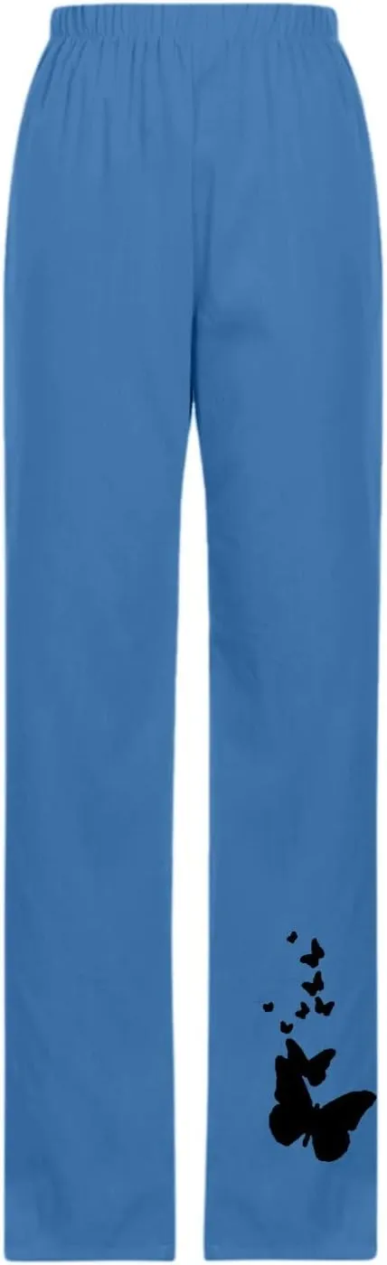 Linen Pants Women Plus Size Tapered Casual Wide Leg Pants for Women Elastic High Waist Drawstring Side Split Pants