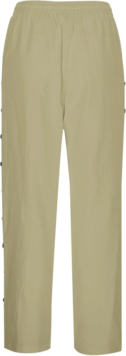 Linen Pants Women Summer High Waist Elastic Side Button Straight Leg Lounge Pant Casual Lightweight Beach Trousers