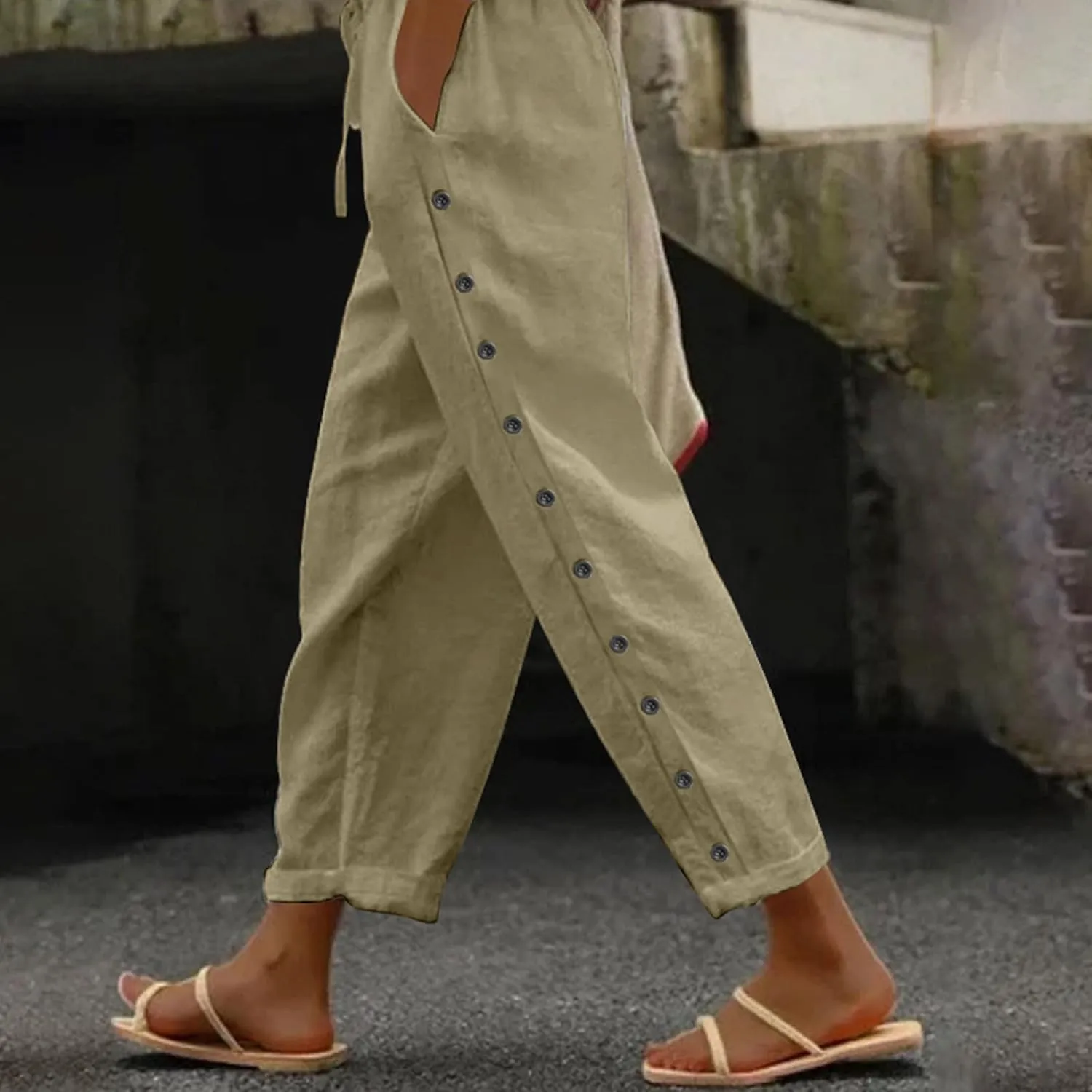 Linen Pants Women Summer High Waist Elastic Side Button Straight Leg Lounge Pant Casual Lightweight Beach Trousers