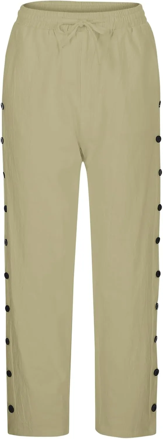 Linen Pants Women Summer High Waist Elastic Side Button Straight Leg Lounge Pant Casual Lightweight Beach Trousers
