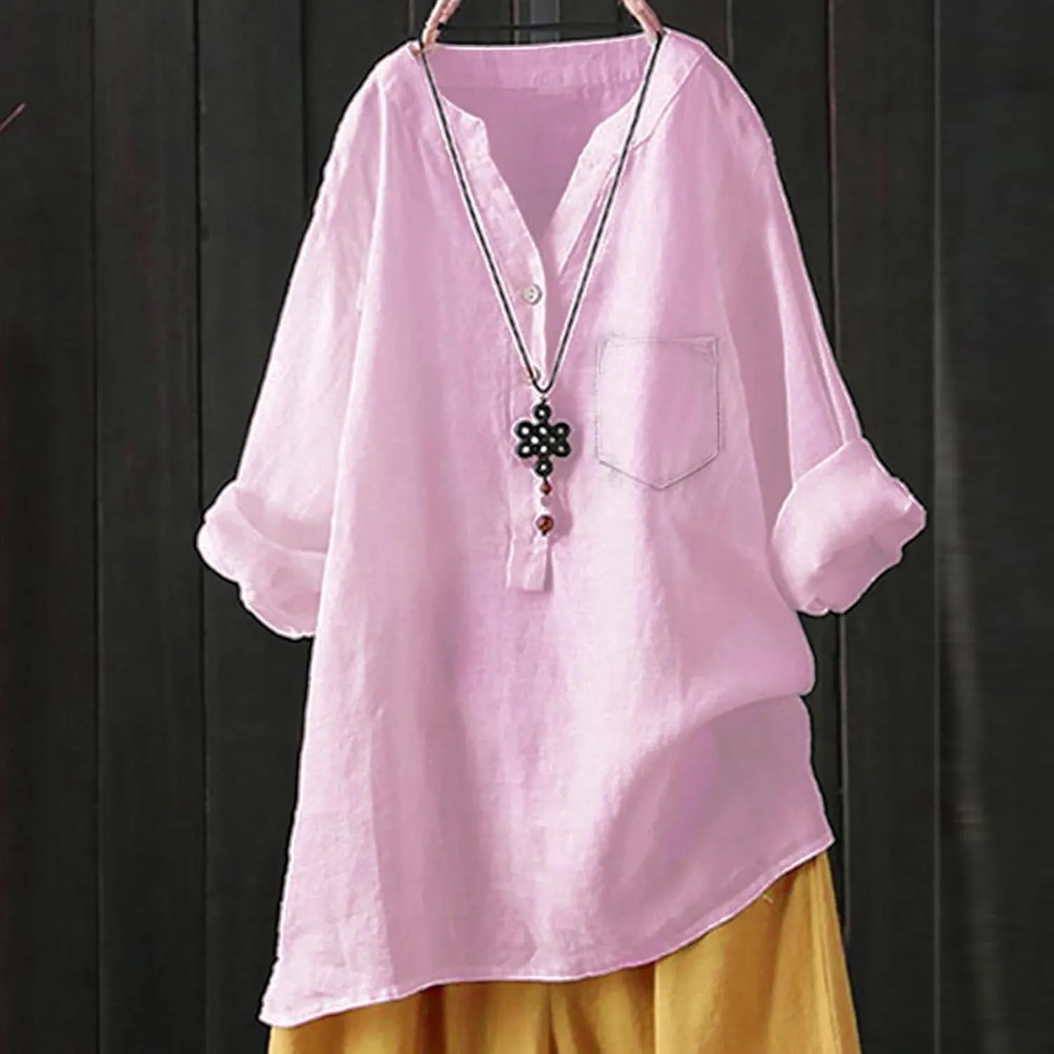 Linen Shirts for Women 2025 Buttons V Neck Cloths Long Sleeve Pockets Tshirt Trendy Dressy Blouses Casual Tunic Tops