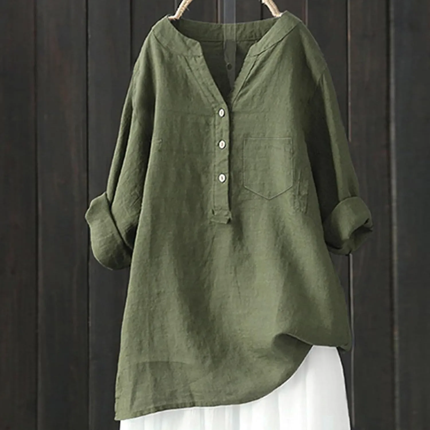 Linen Shirts for Women 2025 Buttons V Neck Cloths Long Sleeve Pockets Tshirt Trendy Dressy Blouses Casual Tunic Tops