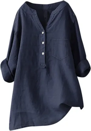 Linen Shirts for Women 2025 Buttons V Neck Cloths Long Sleeve Pockets Tshirt Trendy Dressy Blouses Casual Tunic Tops