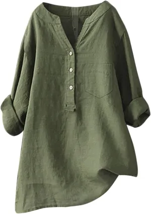 Linen Shirts for Women 2025 Buttons V Neck Cloths Long Sleeve Pockets Tshirt Trendy Dressy Blouses Casual Tunic Tops