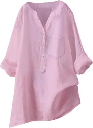 Linen Shirts for Women 2025 Buttons V Neck Cloths Long Sleeve Pockets Tshirt Trendy Dressy Blouses Casual Tunic Tops