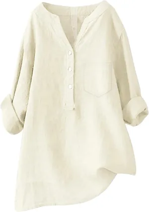 Linen Shirts for Women 2025 Buttons V Neck Cloths Long Sleeve Pockets Tshirt Trendy Dressy Blouses Casual Tunic Tops