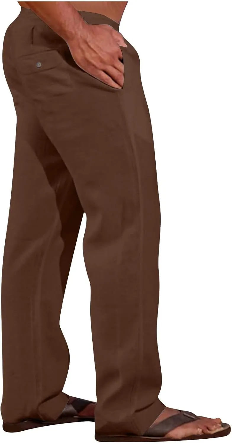 Linen Trousers for Men Straight Leg Dress Pants Elastic Waist Drawstring Pants Slim Fit Summer Pants with Pockets
