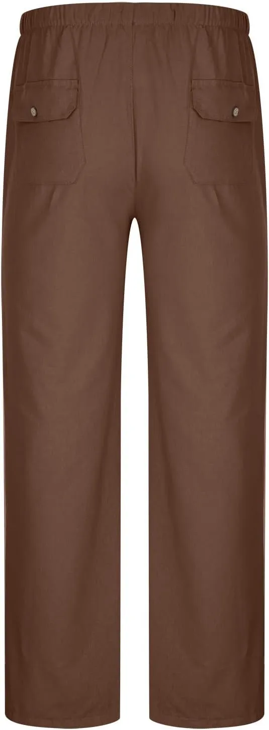 Linen Trousers for Men Straight Leg Dress Pants Elastic Waist Drawstring Pants Slim Fit Summer Pants with Pockets