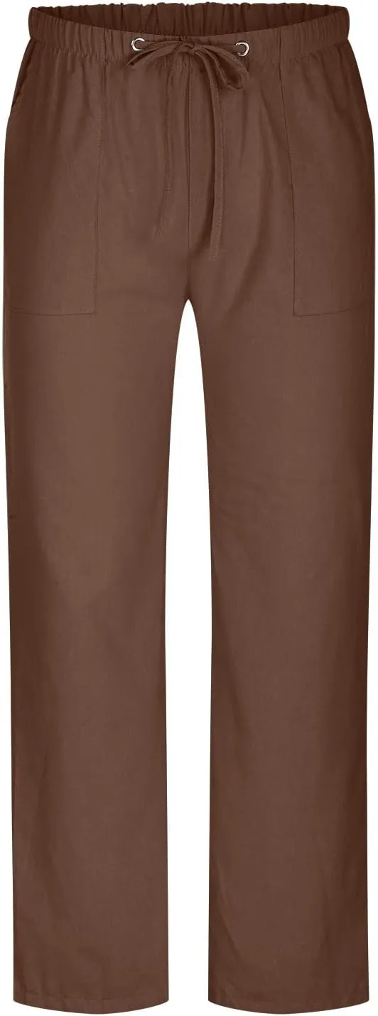 Linen Trousers for Men Straight Leg Dress Pants Elastic Waist Drawstring Pants Slim Fit Summer Pants with Pockets