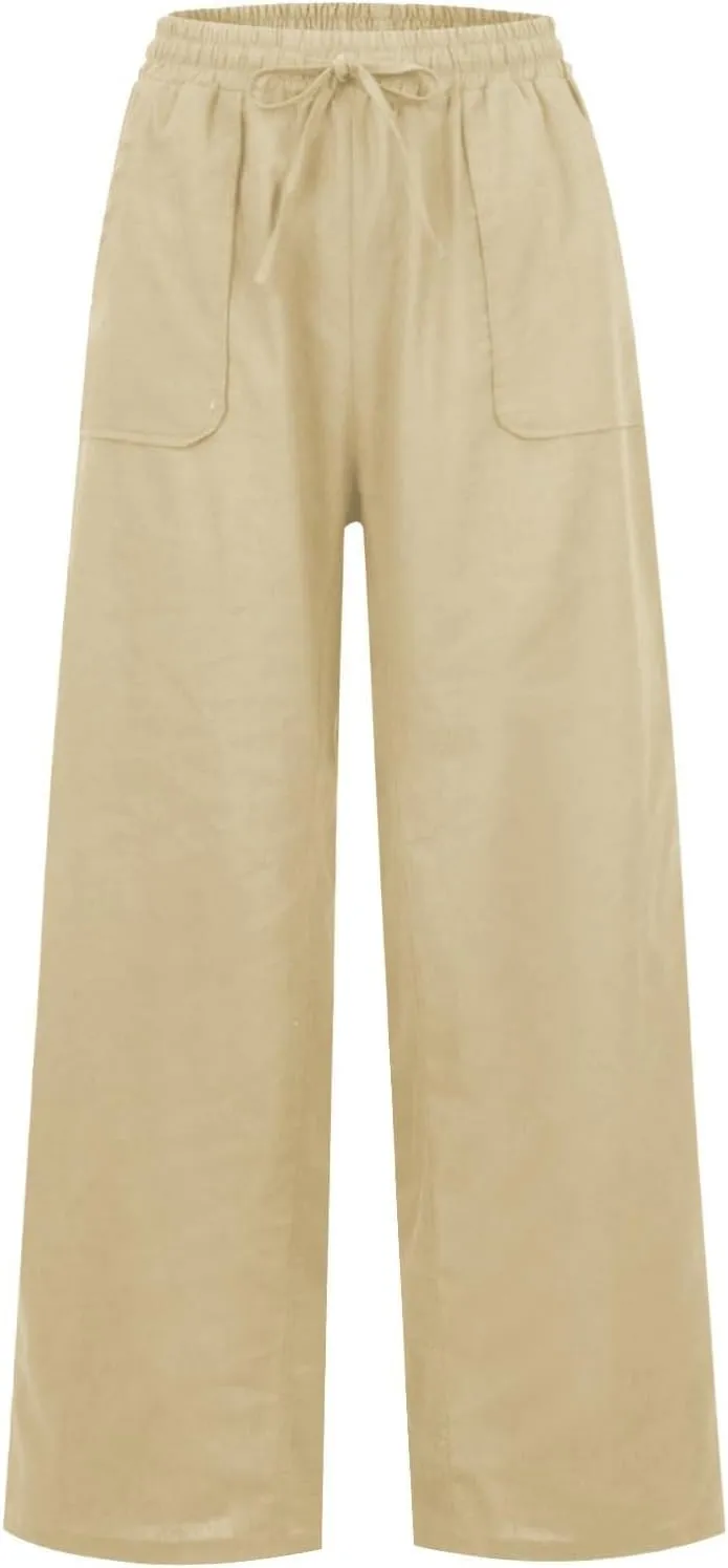 Linen Trousers Women Summer Cotton Palazzo Pants for Womens Dressy Pant Drawstring Woman
